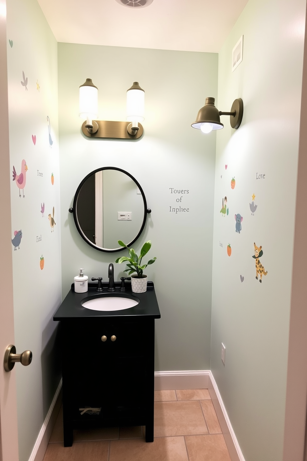 A cozy powder room featuring whimsical wall decals that can be easily changed to refresh the space. The room includes a compact vanity with a round mirror and stylish lighting fixtures that enhance the playful atmosphere. Soft pastel colors adorn the walls, creating a serene backdrop for the vibrant decals. A small potted plant sits on the vanity, adding a touch of greenery to the charming design.