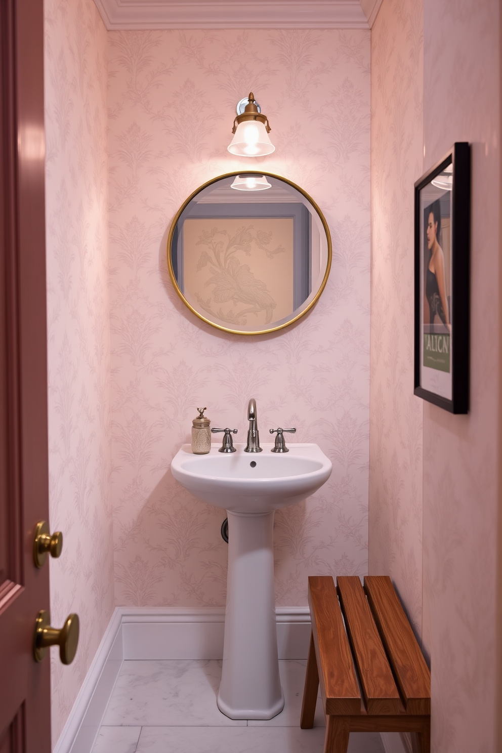 A charming tiny powder room with a compact layout. The walls are adorned with soft pastel wallpaper, and a sleek pedestal sink is positioned in the corner. A small wooden bench is placed against one wall, providing a cozy seating area. Above the sink, a stylish round mirror with a brass frame reflects the warm light from a vintage-style sconce.