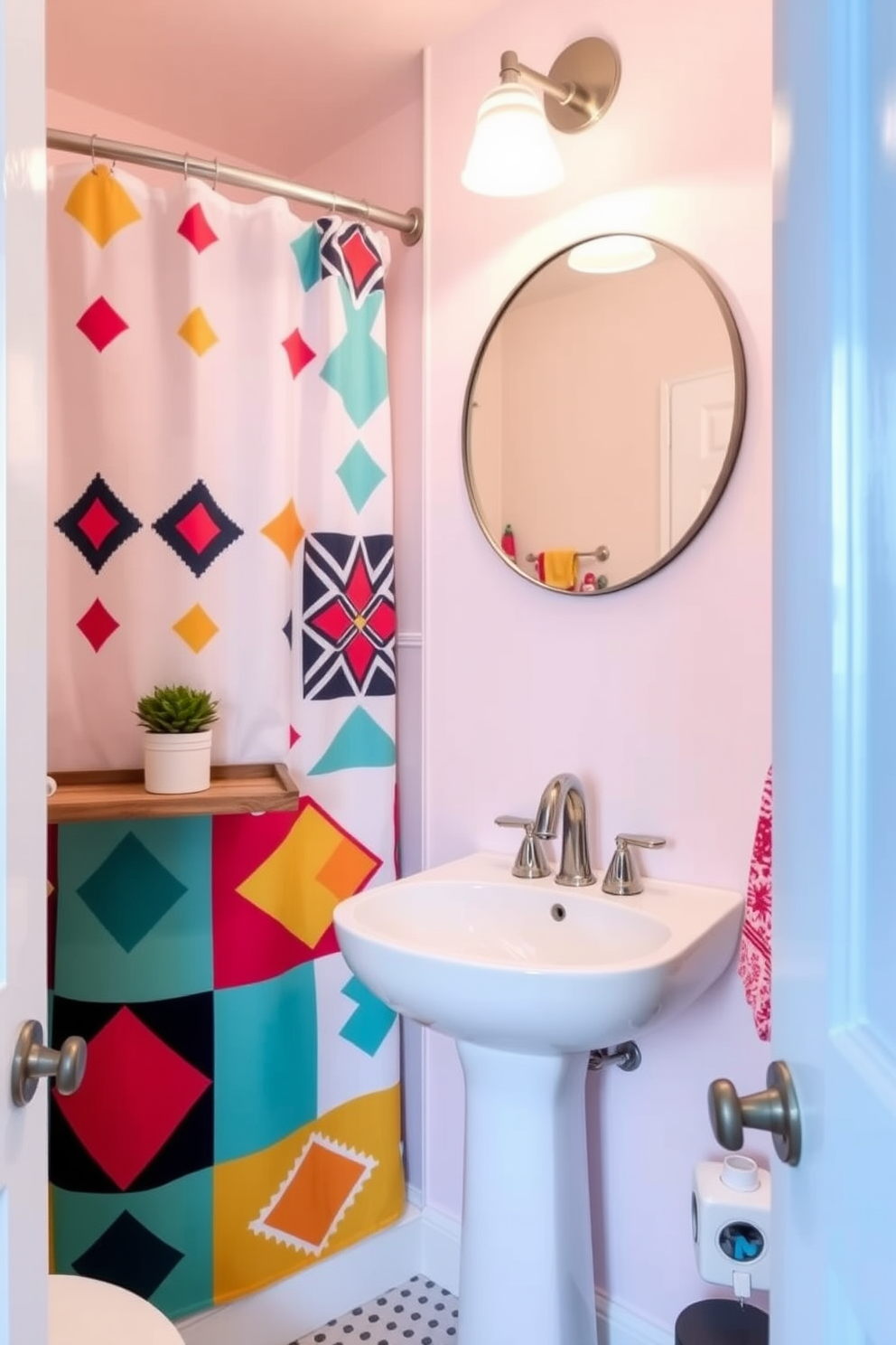 A charming tiny powder room featuring a bold and playful shower curtain adorned with colorful geometric patterns. The walls are painted in a soft pastel hue, and a sleek pedestal sink complements the vibrant decor. Incorporate a stylish round mirror above the sink to enhance the sense of space. Add a small potted plant on a floating shelf for a touch of greenery and freshness.