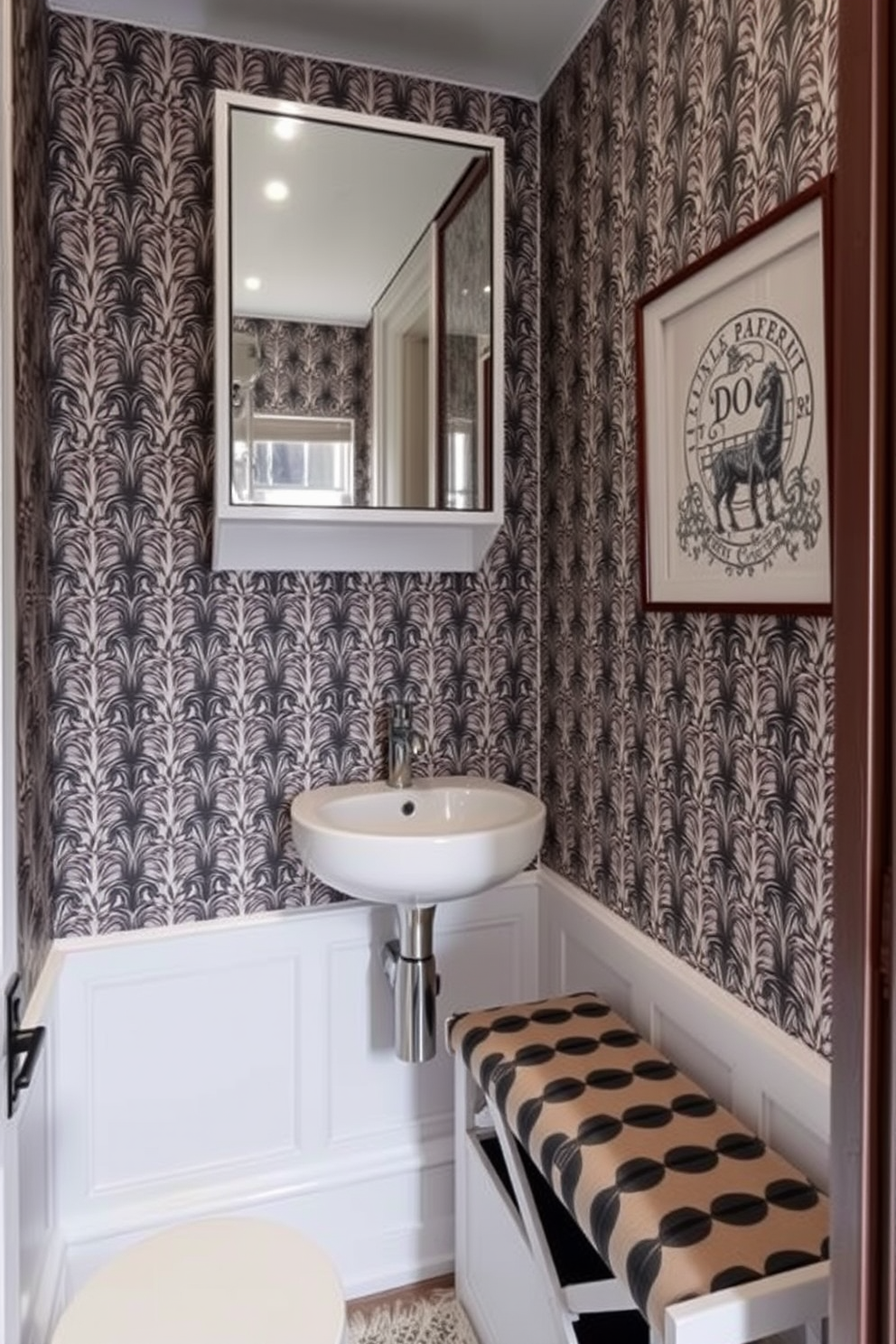 A stylish tiny powder room features a compact wall-mounted sink with a sleek faucet. A mirrored cabinet above the sink provides storage while reflecting light to enhance the space. Incorporate a foldable bench that doubles as a storage unit, maximizing utility without sacrificing aesthetics. The walls are adorned with a bold wallpaper pattern to create visual interest in the limited area.