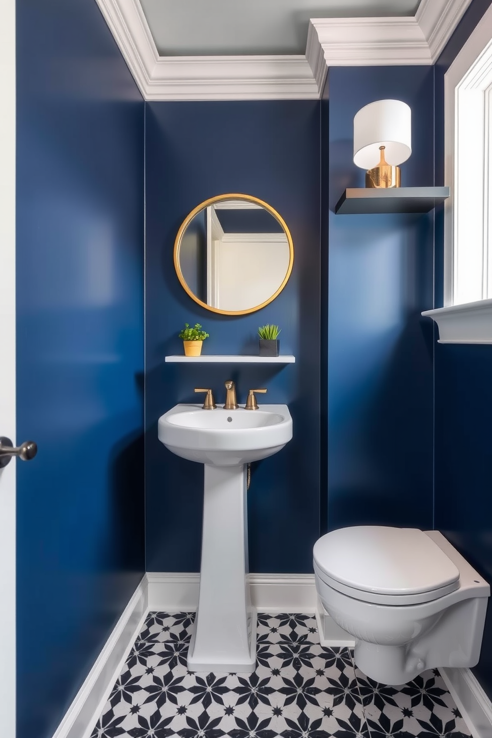 A tiny powder room featuring a bold navy blue accent wall that contrasts beautifully with the crisp white fixtures. The space includes a sleek pedestal sink and a round mirror framed in brushed gold, creating an elegant focal point. The floor is adorned with intricate black and white tiles, adding a touch of sophistication to the compact area. A small potted plant sits on a floating shelf, bringing a hint of greenery and life to the design.