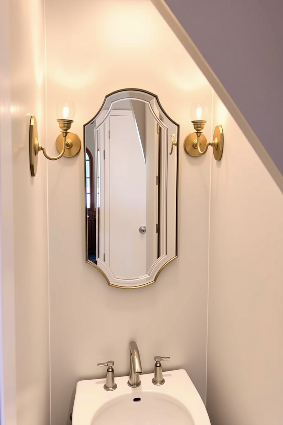 A tiny powder room featuring elegant sconces for ambient lighting on either side of a stylish mirror. The walls are adorned with a soft pastel color, and the floor is covered in chic hexagonal tiles.