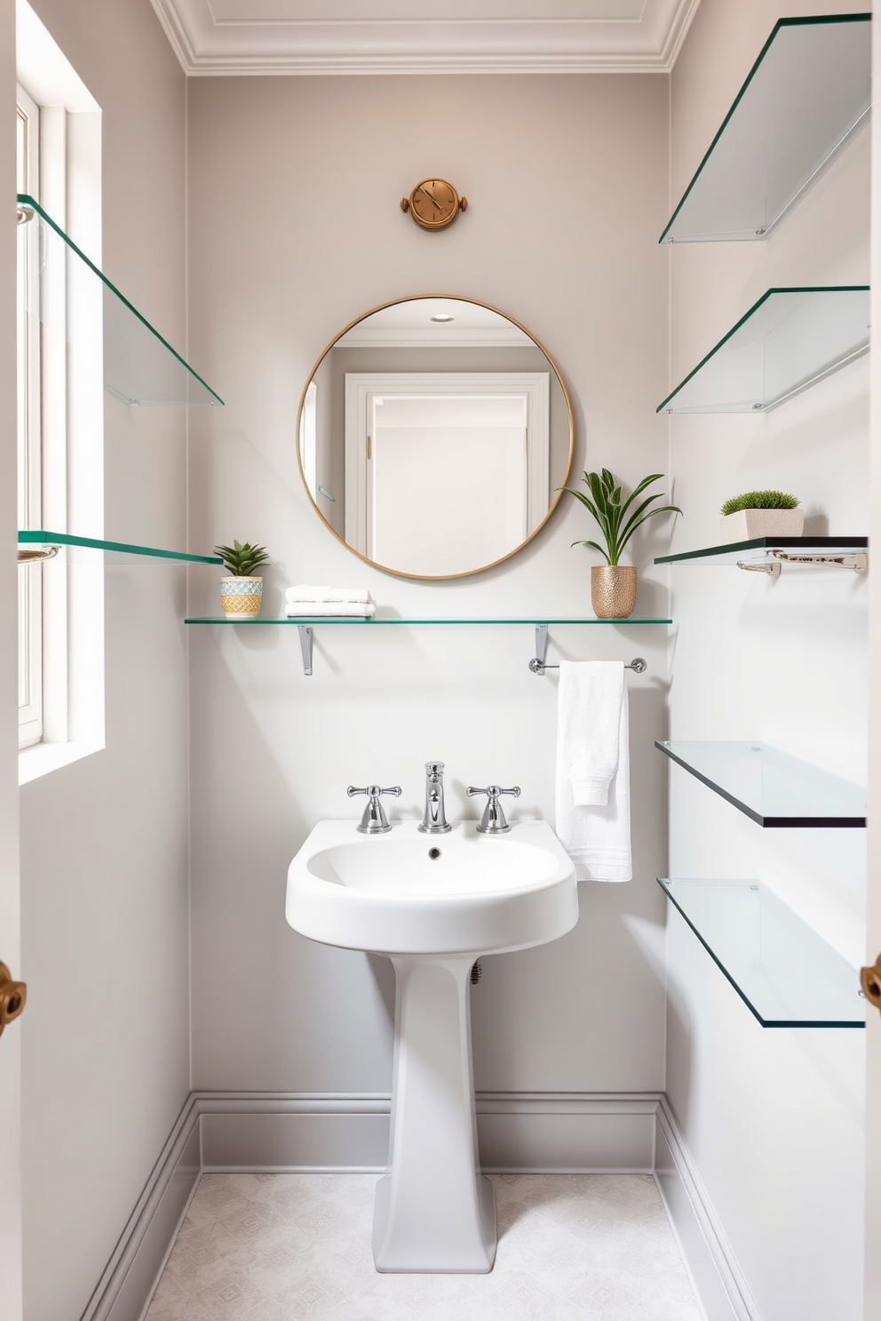 A tiny powder room featuring glass shelves that create an airy and spacious atmosphere. The walls are painted in a soft pastel color, and a sleek pedestal sink is positioned in the corner to maximize space. Above the sink, a round mirror reflects light and enhances the sense of openness. Decorative items on the glass shelves include small potted plants and elegant hand towels, adding a touch of sophistication.