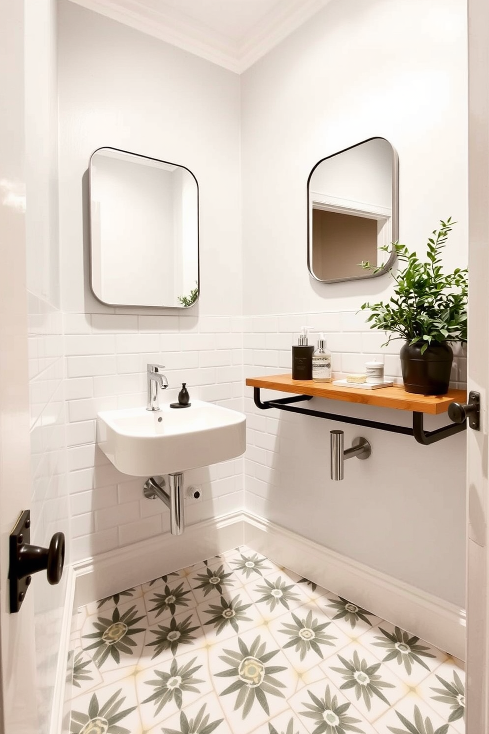 A charming tiny powder room features patterned tiles that create a captivating focal point on the floor. The walls are painted in a soft pastel shade, enhancing the sense of space and light. A sleek wall-mounted sink is paired with a stylish mirror that reflects the intricate tile design. To add warmth, a small wooden shelf displays decorative items and a lush potted plant.