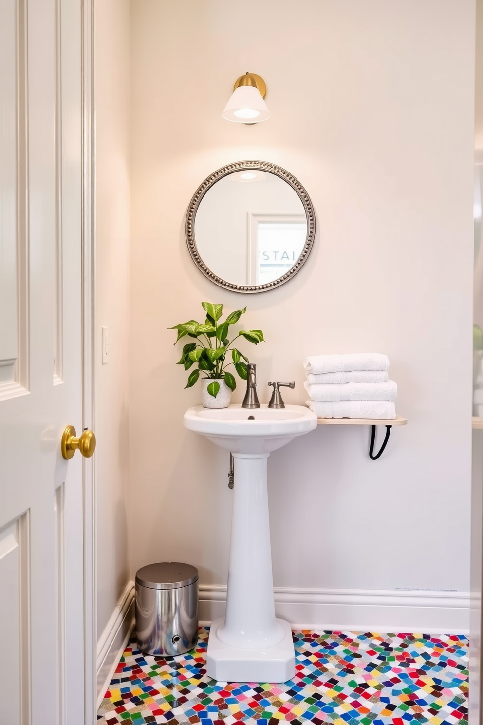 A whimsical powder room design featuring a charming soap dispenser adds a playful touch to the space. The walls are painted in a soft pastel color, complemented by a petite pedestal sink and a round mirror with a decorative frame. The floor is adorned with colorful mosaic tiles that create a vibrant atmosphere. A small shelf holds neatly folded towels and a potted plant, enhancing the inviting feel of the room.