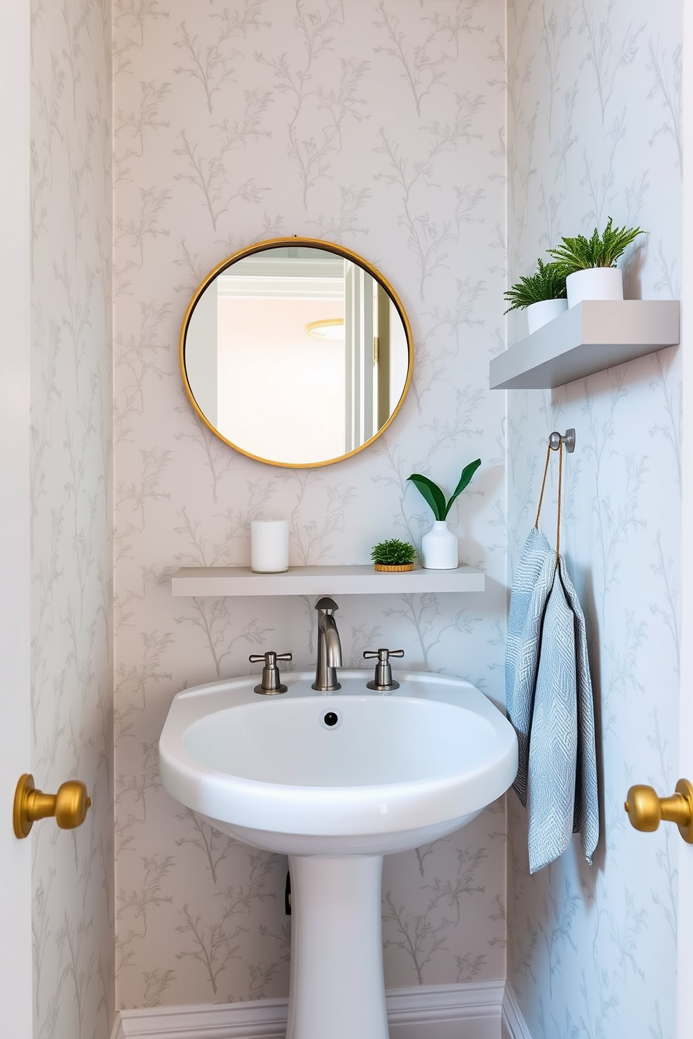 A tiny powder room features a sleek pedestal sink paired with a stylish wall-mounted faucet. The walls are adorned with a soft wallpaper in a delicate floral pattern, complemented by a small round mirror with a gold frame. Incorporate a compact storage solution, such as a floating shelf, to display decorative items like candles and small plants. A chic hand towel in a coordinating color hangs neatly beside the sink, adding a touch of elegance to the space.