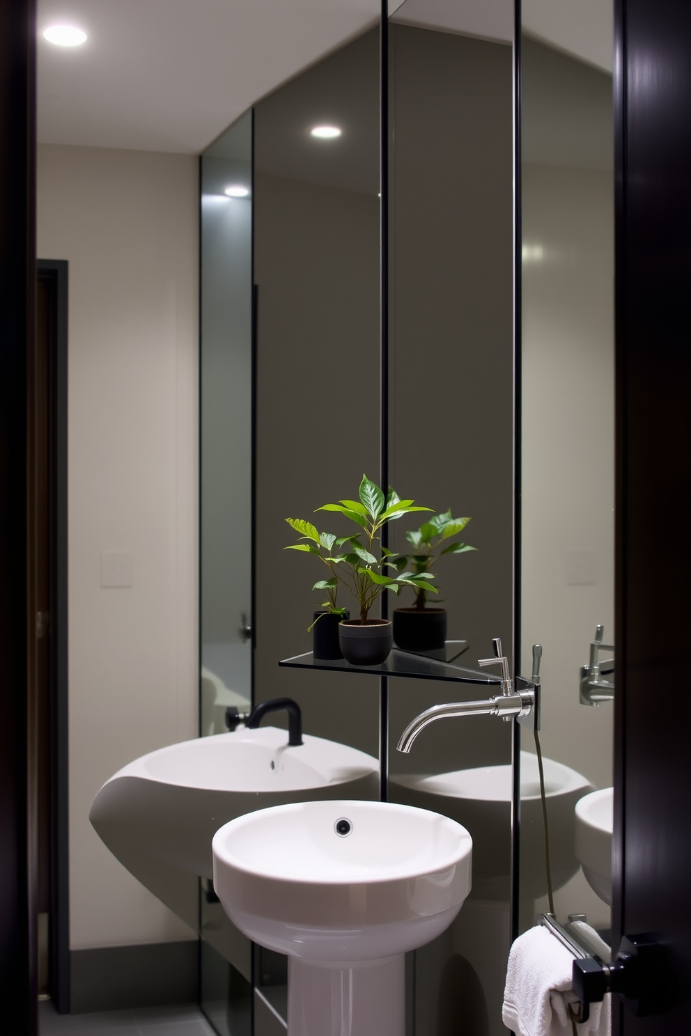 A stylish powder room features a mirrored wall that amplifies natural light and creates an illusion of space. The design incorporates a sleek pedestal sink and a chic wall-mounted faucet for a modern touch. Soft ambient lighting is strategically placed to highlight the reflective surfaces and add warmth to the room. A small potted plant sits on a minimalist shelf, bringing a touch of nature into this compact yet elegant space.