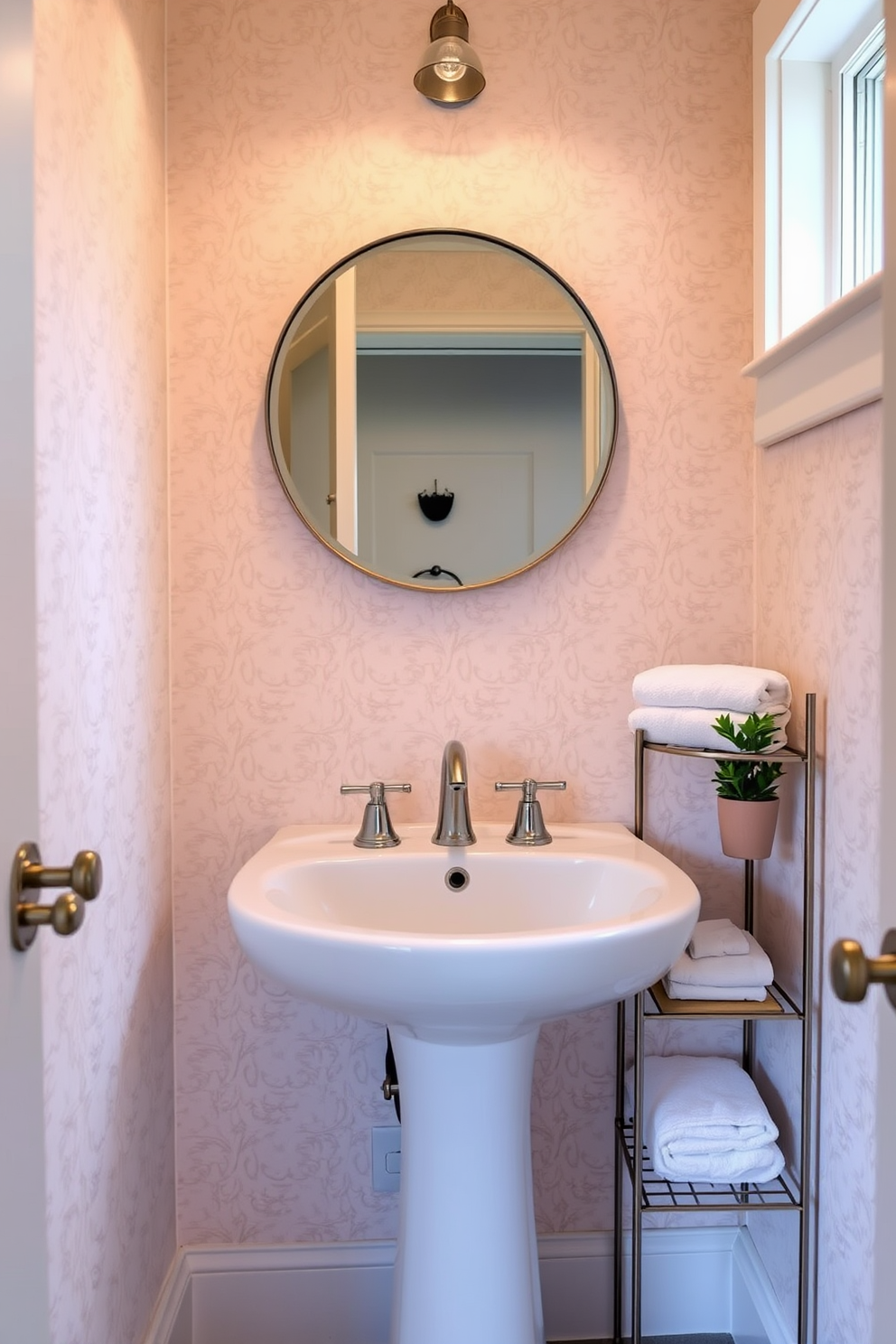 A charming tiny powder room features a sleek pedestal sink with elegant chrome fixtures. The walls are adorned with a soft pastel wallpaper, and a small window allows natural light to fill the space. A round mirror with a decorative frame hangs above the sink, reflecting the light and creating a sense of openness. A compact shelf holds neatly folded towels and a small potted plant, adding a touch of greenery to the design.