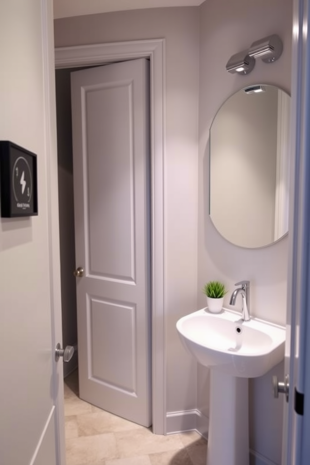 A stylish tiny powder room featuring a pocket door that seamlessly blends into the wall, maximizing space and functionality. The room is adorned with a sleek pedestal sink and a wall-mounted mirror that reflects light, creating an airy feel. Soft, neutral colors dominate the walls, complemented by elegant fixtures and a minimalist design. A small potted plant adds a touch of greenery, enhancing the inviting atmosphere of this compact space.