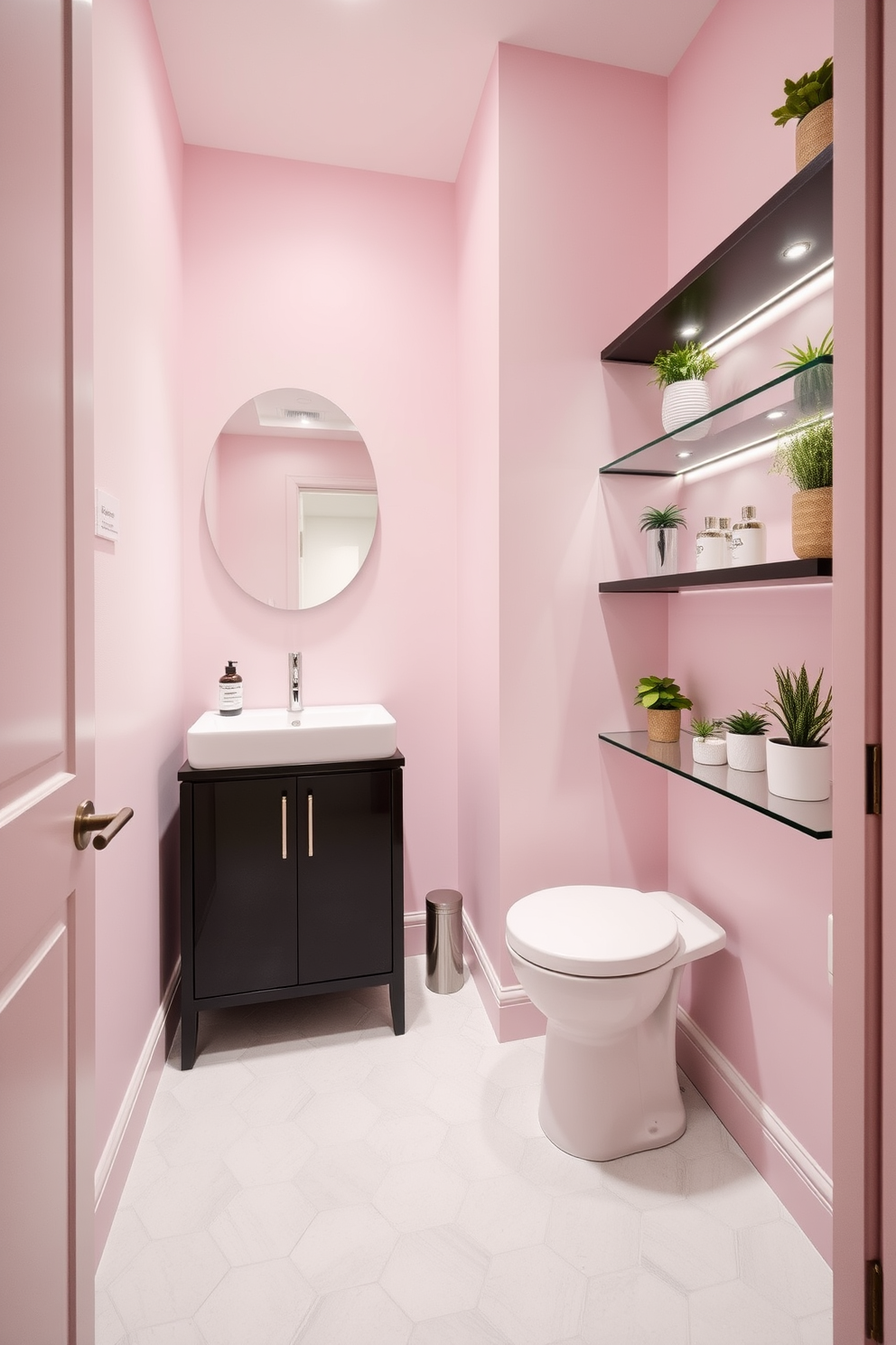 A tiny powder room featuring decorative shelving for storage. The walls are painted in a soft pastel hue, and the floor is adorned with chic hexagonal tiles. A compact vanity with a sleek sink sits against one wall, complemented by a stylish mirror above. Decorative shelves on the opposite wall display elegant toiletries and small potted plants for a touch of greenery.