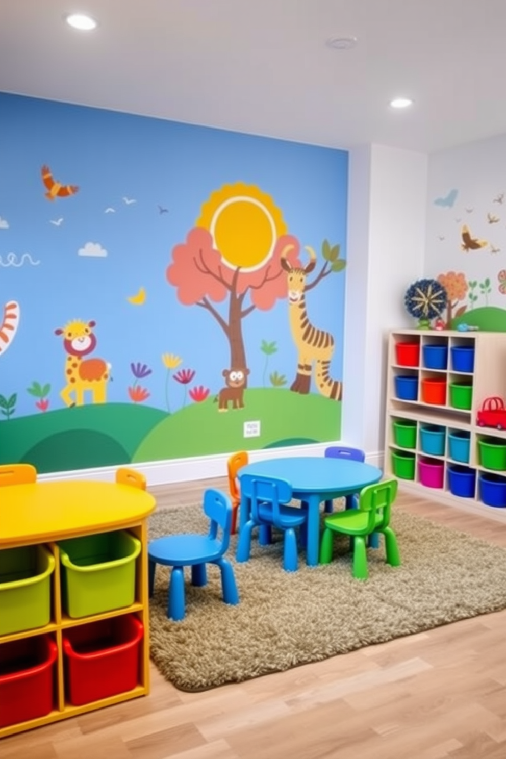 Brightly colored wall murals fill the toddler playroom, featuring whimsical designs of animals and nature that inspire creativity. Soft, plush rugs cover the floor, providing a comfortable space for children to play and explore. The furniture includes low, child-sized tables and chairs in vibrant colors, encouraging interactive play and learning. Storage bins in various shapes and sizes are easily accessible, keeping toys organized and the space tidy.