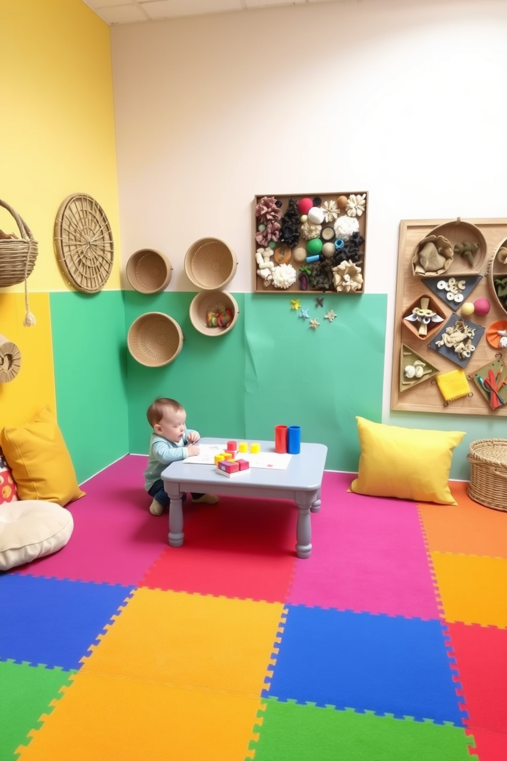 A tactile play area designed for toddlers features a soft foam mat in vibrant colors covering the floor. Various textured elements such as plush pillows, woven baskets, and a sensory wall with different materials encourage exploration and creativity. The walls are painted in cheerful pastel shades, creating a warm and inviting atmosphere. A low table with art supplies and building blocks is positioned in the center, inviting little ones to engage in hands-on activities.