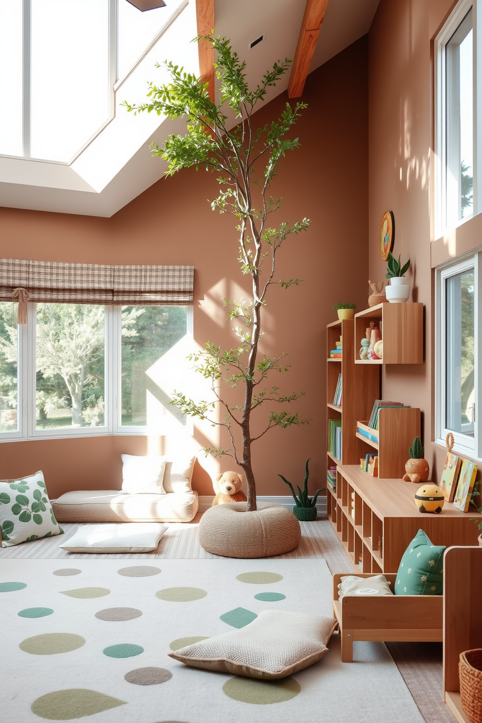 A serene toddler playroom filled with nature-inspired decor. The walls are painted in soft earth tones, and there are large windows allowing natural light to flood the space. Cozy seating areas feature plush cushions in leaf patterns, while wooden shelves display colorful toys and books. A small indoor tree adds a touch of greenery, creating a calming atmosphere for play and creativity.