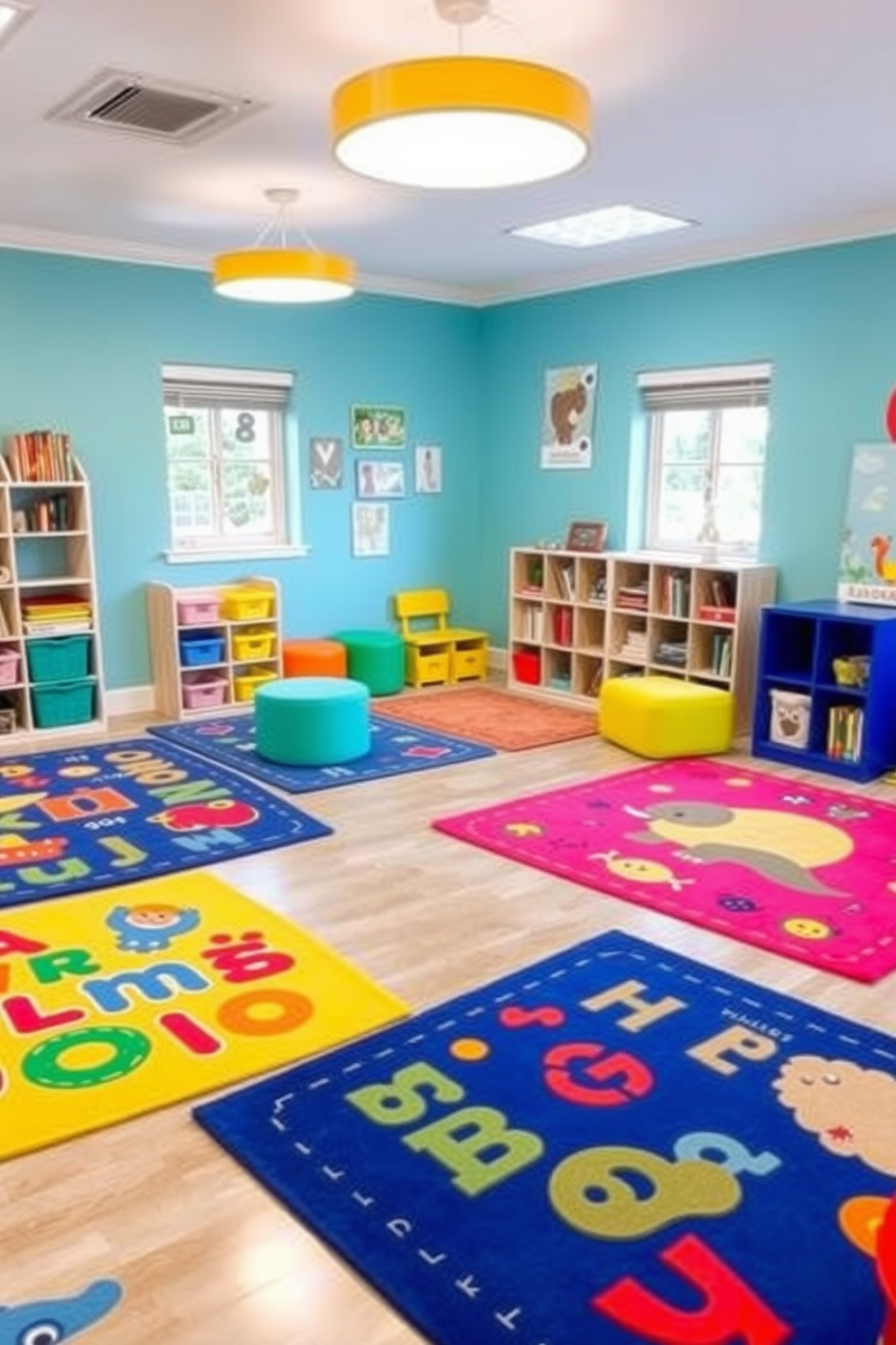 A vibrant toddler playroom filled with fun rugs featuring educational themes. The rugs showcase colorful letters, numbers, and playful animals, creating an engaging learning environment for children. Soft seating options in bright colors are scattered around the room, providing cozy spots for reading and play. The walls are adorned with playful wall art that complements the educational theme, making the space inviting and stimulating.