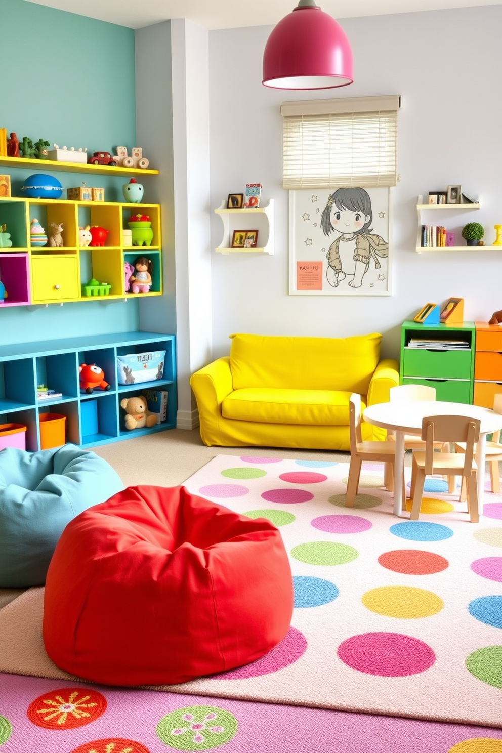 A vibrant and playful toddler playroom filled with easily washable furniture. The room features a soft area rug with colorful patterns and a large foam play mat for safety. Brightly colored bean bags and a washable sofa provide comfortable seating options for kids. Wall-mounted shelves display toys and books, while a small table with washable chairs invites creative activities.