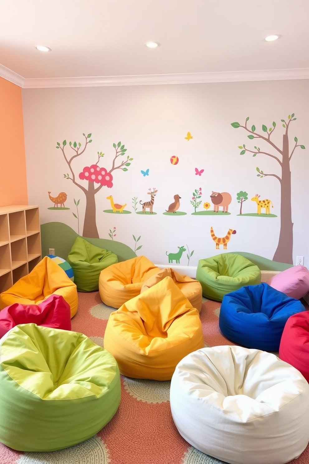 A vibrant toddler playroom filled with colorful bean bags in various shapes and sizes. The walls are painted in cheerful pastel colors, and playful wall decals of animals and nature create a fun atmosphere.