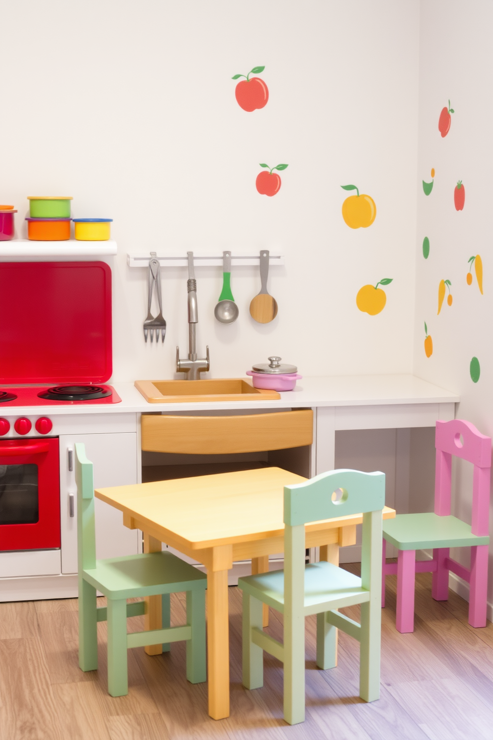 A whimsical play kitchen designed for imaginative role-playing. The kitchen features a bright red play stove and a wooden sink with a faucet, surrounded by colorful pots and pans. The walls are adorned with playful decals of fruits and vegetables, creating a cheerful atmosphere. A small table and chairs in pastel colors provide a perfect spot for little chefs to gather and create their culinary masterpieces.