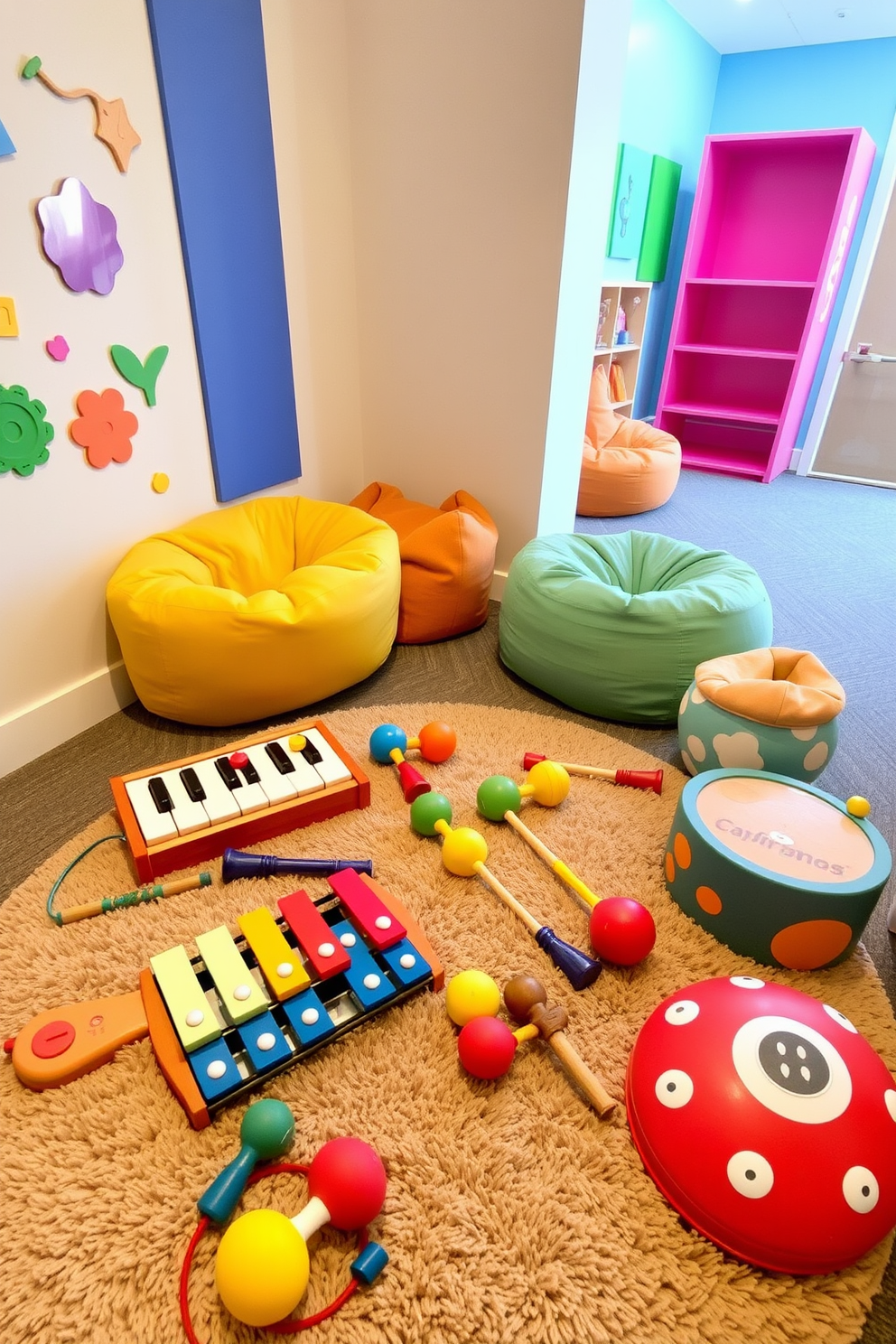 A cozy corner filled with various musical instruments for toddlers to explore. Instruments like a small piano, colorful xylophones, and soft maracas are arranged on a plush rug. A vibrant playroom designed specifically for toddlers, featuring bright colors and playful patterns. Soft seating areas with bean bags and interactive wall panels encourage creative play and exploration.