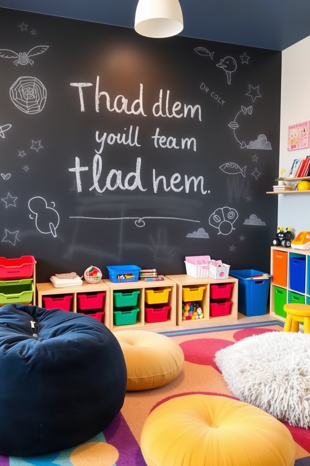 A playful toddler playroom features a chalkboard wall that invites creativity and imagination. The room is filled with soft, colorful rugs and playful furniture, creating a safe and engaging environment for young children. Brightly colored storage bins are neatly arranged to hold toys and art supplies, promoting organization and easy access. Large, plush cushions are scattered around for comfortable seating, encouraging interactive play and storytelling.