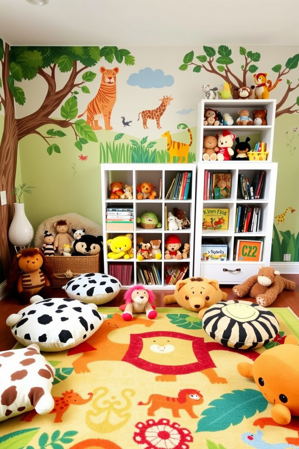 A vibrant toddler playroom filled with animal-themed decor. The walls are adorned with cheerful animal murals, and plush animal cushions are scattered around the room for comfort and play. A colorful rug featuring various jungle animals anchors the space, providing a soft area for playtime. Shelves are filled with stuffed animals and books, creating an inviting and imaginative environment.