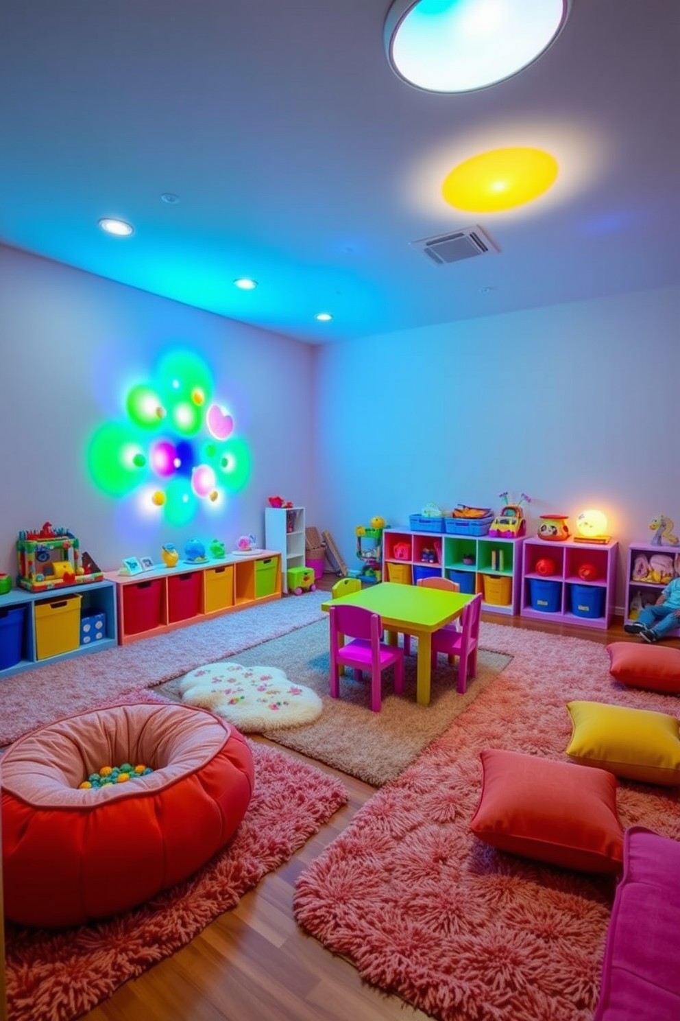 A vibrant toddler playroom filled with colorful light-up toys that enhance visual stimulation. The walls are painted in soft pastels, and plush rugs cover the floor, providing a cozy play area. Brightly colored storage bins are neatly arranged to hold various toys, while a small table and chairs invite creative play. Soft, cushioned seating areas are scattered throughout, encouraging comfort and relaxation during playtime.