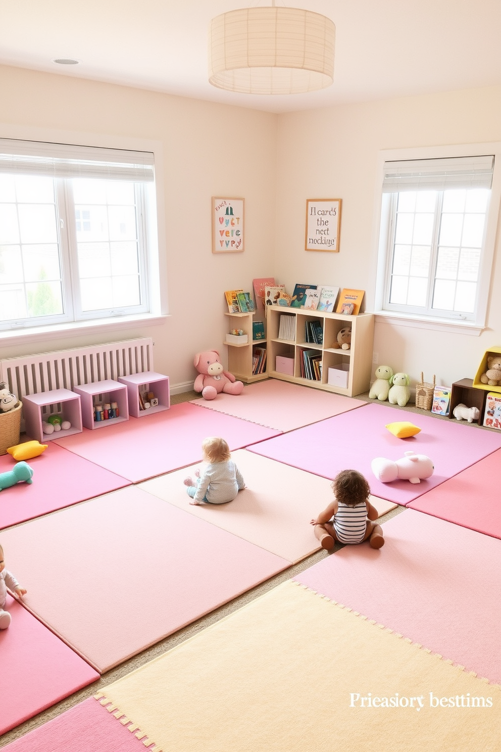 A cozy toddler playroom filled with soft play mats in pastel colors to ensure safe playtime. The room features a low bookshelf stocked with colorful children's books and plush toys scattered around for a welcoming atmosphere.