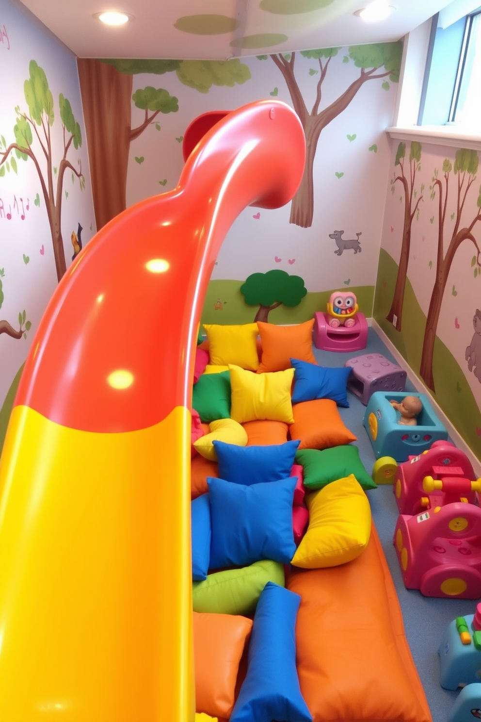 A vibrant toddler playroom featuring an indoor slide that curves gracefully into a soft play area filled with colorful cushions. The walls are decorated with playful murals of animals and trees, creating an enchanting atmosphere for active playtime. The slide is made of smooth, durable plastic in bright primary colors, ensuring safety and fun for toddlers. Surrounding the slide, there are various interactive toys and climbing structures to encourage physical activity and imaginative play.