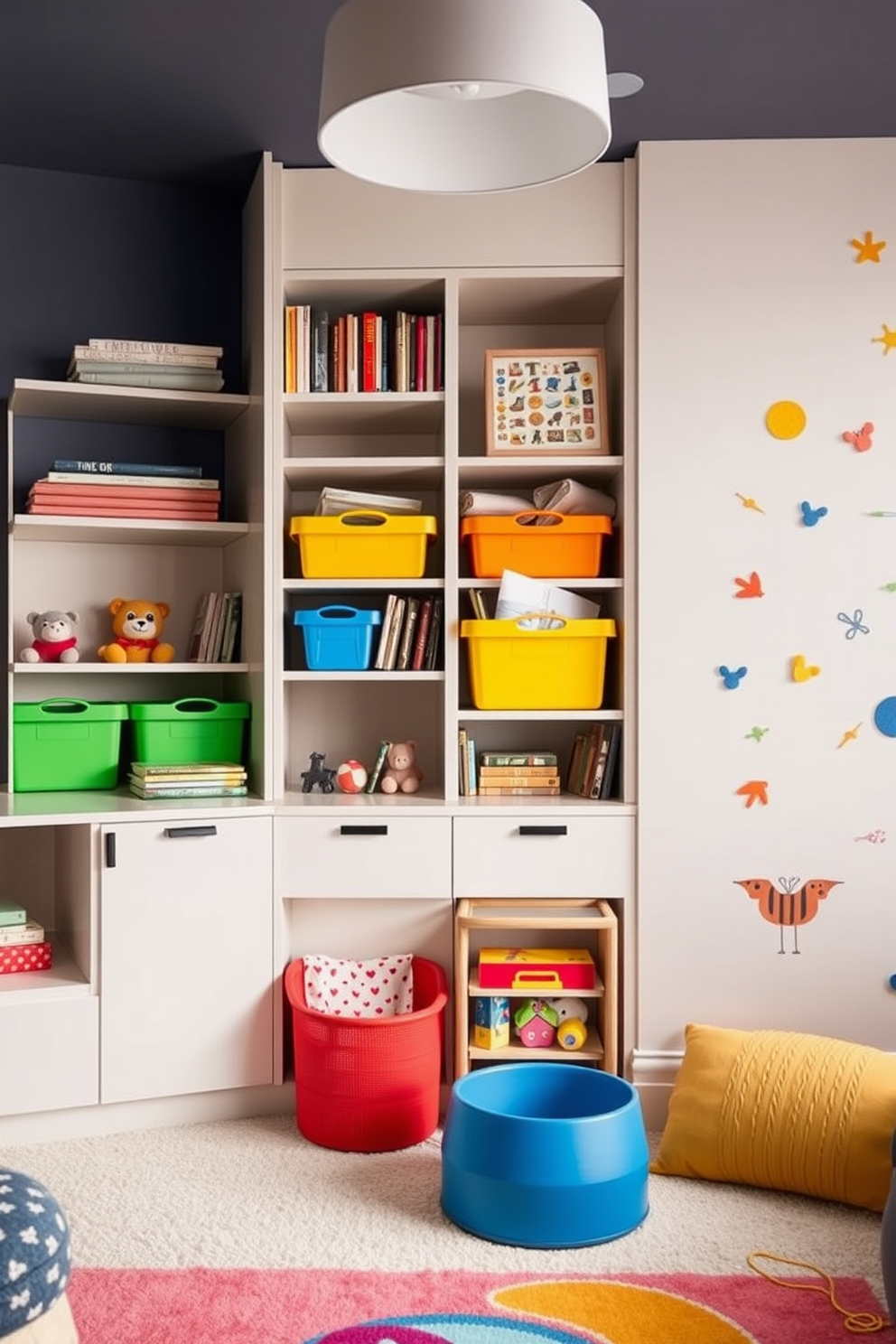 Creative storage solutions for small spaces. Imagine a compact living room with a stylish built-in bookshelf that doubles as a room divider, featuring colorful bins for toys and books. Toddler Playroom Design Ideas. Envision a vibrant playroom with soft, cushioned flooring, adorned with playful wall decals and a cozy reading nook filled with plush cushions and a small bookshelf.