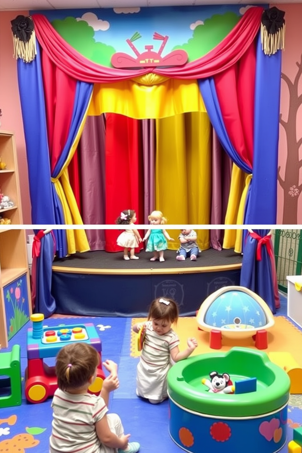 A whimsical puppet theater designed for storytelling sessions. The stage features colorful curtains and a charming backdrop, inviting children to engage their imagination. A vibrant toddler playroom filled with soft play mats and interactive toys. The walls are adorned with playful murals, creating a fun and stimulating environment for young children.