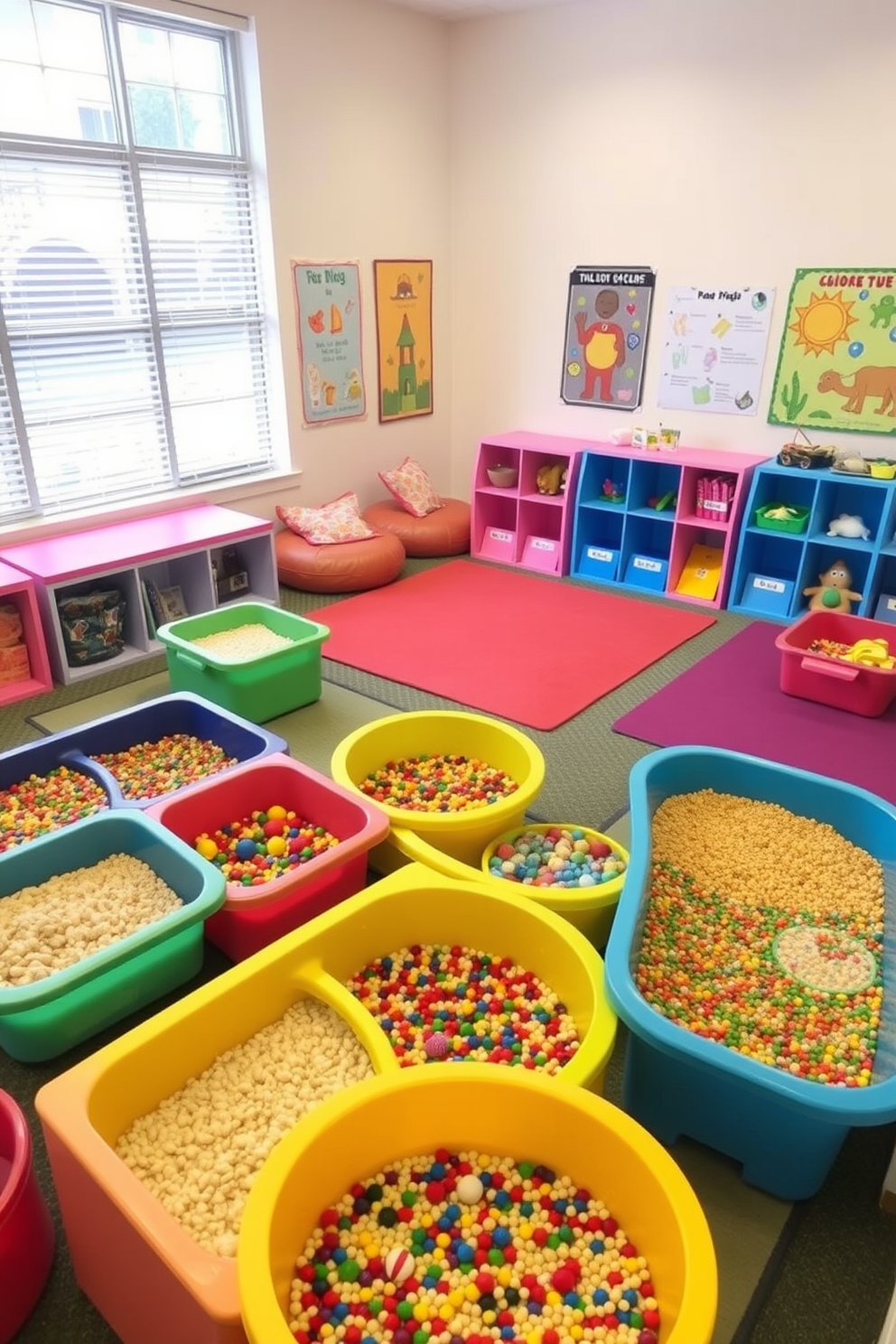 A vibrant toddler playroom filled with sensory bins designed for hands-on learning. The space features colorful bins filled with various textures such as rice, sand, and water beads, inviting exploration and creativity. Brightly colored rugs define different play areas, while soft cushions provide comfort for little ones. The walls are adorned with playful artwork and educational posters to inspire curiosity and imagination.