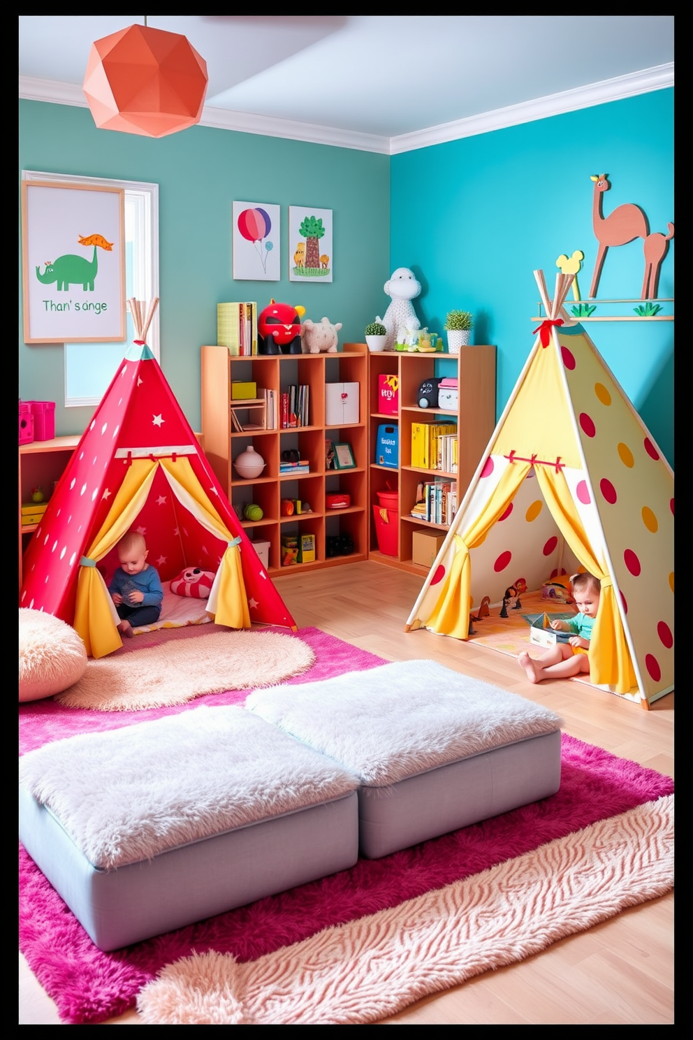 A whimsical playroom designed for toddlers features colorful play tents that spark imaginative adventures. The space is filled with soft rugs and plush seating, creating a cozy environment for playtime and storytelling. Brightly colored walls adorned with playful artwork enhance the cheerful atmosphere. Shelves are stocked with toys and books, ensuring that the room is both fun and functional.