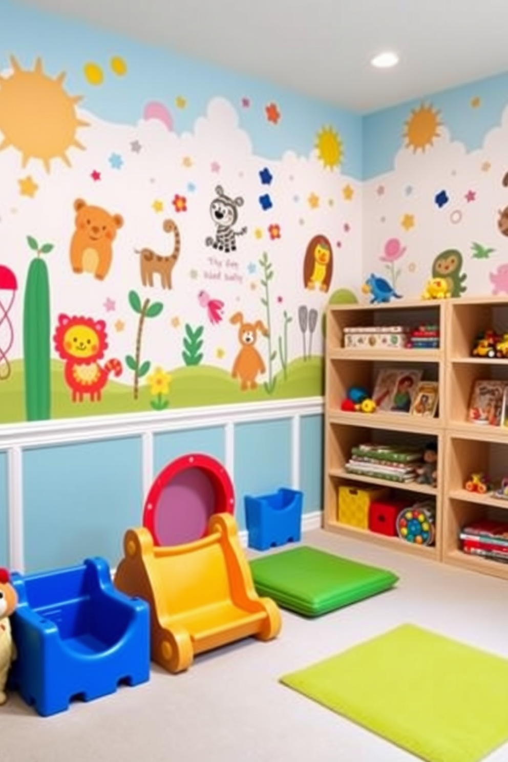 A vibrant playroom filled with wall decals featuring whimsical animals and colorful shapes. Soft, cushioned flooring provides a safe play area, while shelves are filled with toys and books for endless fun.