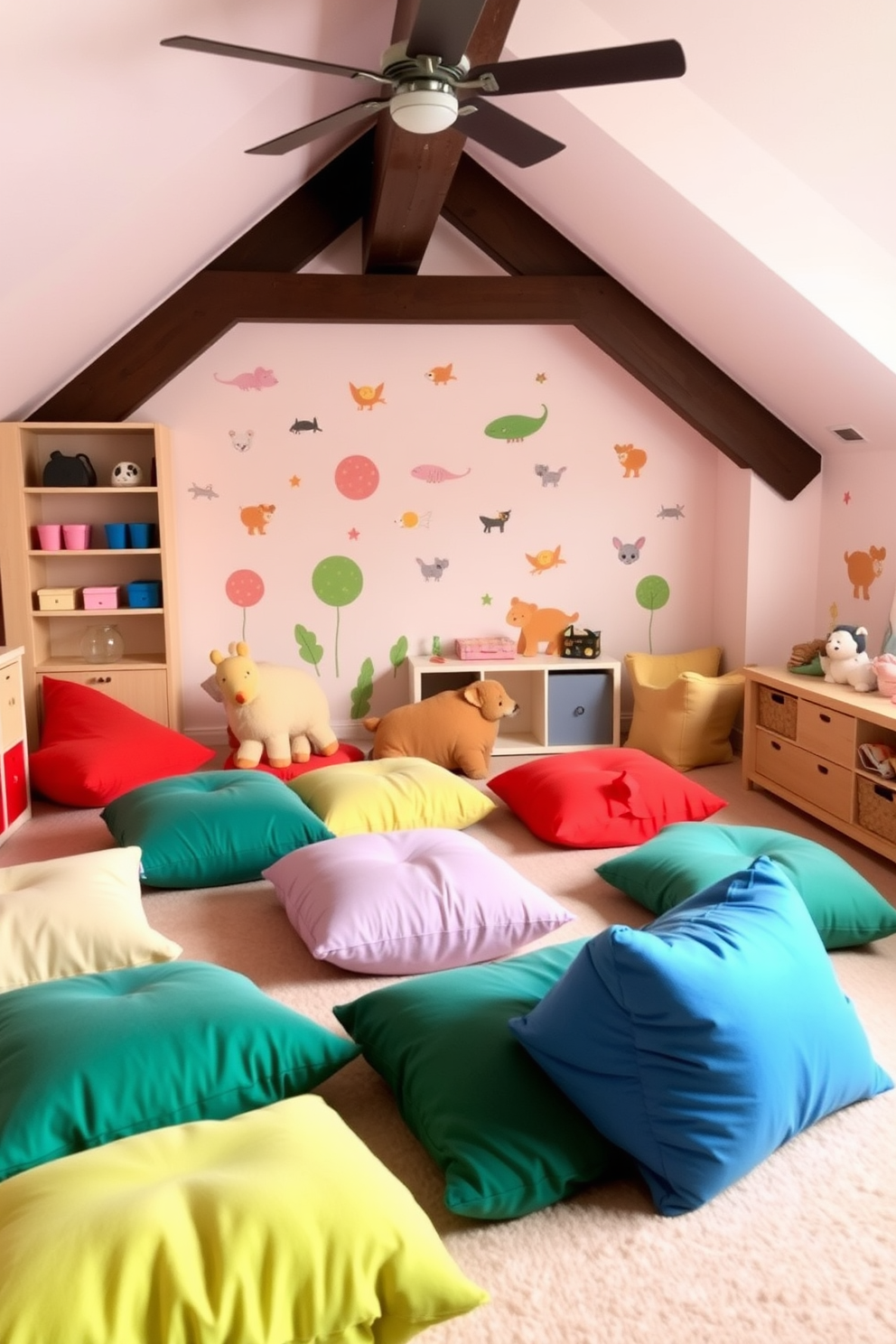 A cozy toddler playroom filled with colorful floor cushions scattered around for flexible seating options. The walls are painted in soft pastel colors, and playful wall decals of animals and shapes add a whimsical touch to the space.