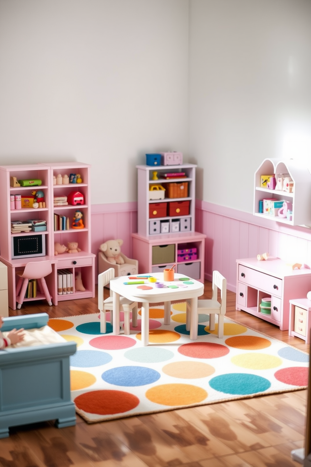 A vibrant toddler playroom filled with miniature furniture designed for realistic play. The room features a colorful rug that defines the play area, with a small table and chairs set up for arts and crafts activities. Soft pastel colors adorn the walls, creating a cheerful atmosphere. Shelves filled with toys and books are easily accessible, encouraging imaginative play and exploration.