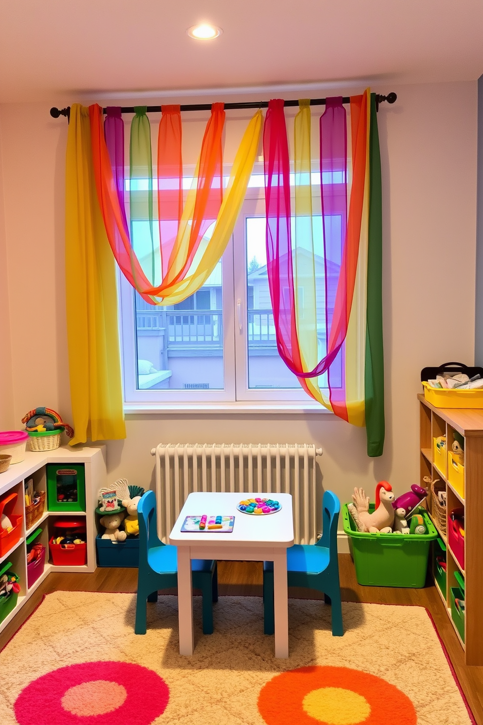 Colorful curtains hang gracefully from the window, adding a vibrant touch to the playful atmosphere. The walls are painted in soft pastels, while a cozy rug covers the floor, creating a warm and inviting space for children to explore. A variety of toys are neatly organized in colorful bins, easily accessible for little hands. A small table with chairs provides a perfect spot for arts and crafts, encouraging creativity and fun in this cheerful playroom.