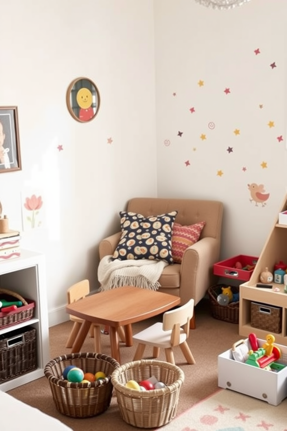 Cozy reading nook with cushions. A plush armchair is nestled in the corner, surrounded by a collection of colorful cushions and a soft throw blanket. Toddler playroom design ideas. The space features vibrant wall decals, a low table with child-sized chairs, and a variety of toys neatly organized in baskets.