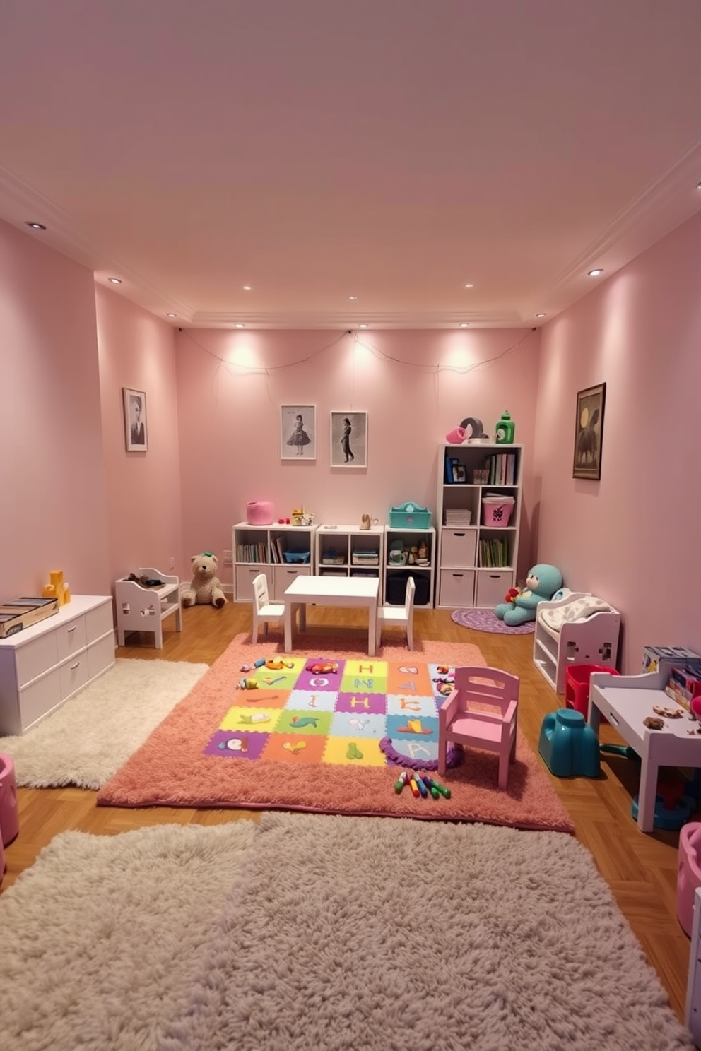 A cozy toddler playroom filled with soft lighting that creates a warm and inviting atmosphere. The walls are painted in soft pastel colors, and plush rugs cover the floor for comfort. A colorful play mat is spread out in the center, surrounded by a variety of toys and books. A small table with child-sized chairs sits in one corner, perfect for arts and crafts activities.