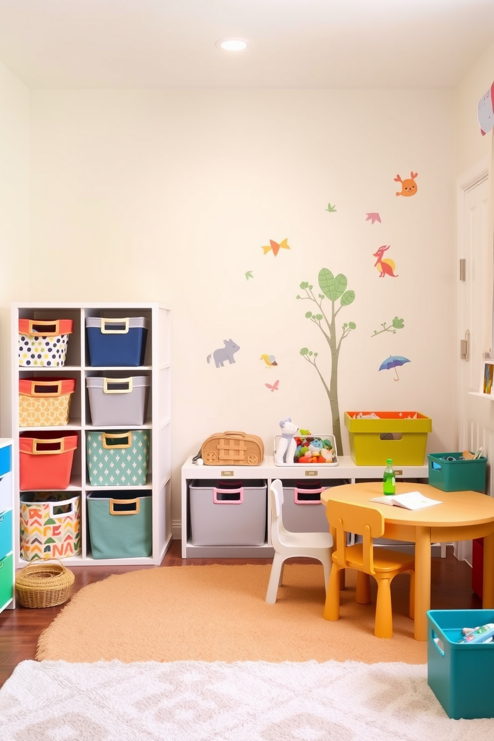 A cheerful toddler playroom filled with bright colors and playful patterns. In one corner, there are stylish storage bins in various sizes, neatly arranged to encourage easy toy organization. The walls are painted in a soft pastel hue, adorned with whimsical decals of animals and nature. A cozy rug covers the floor, providing a soft area for play, while a small table and chairs invite creativity and fun.