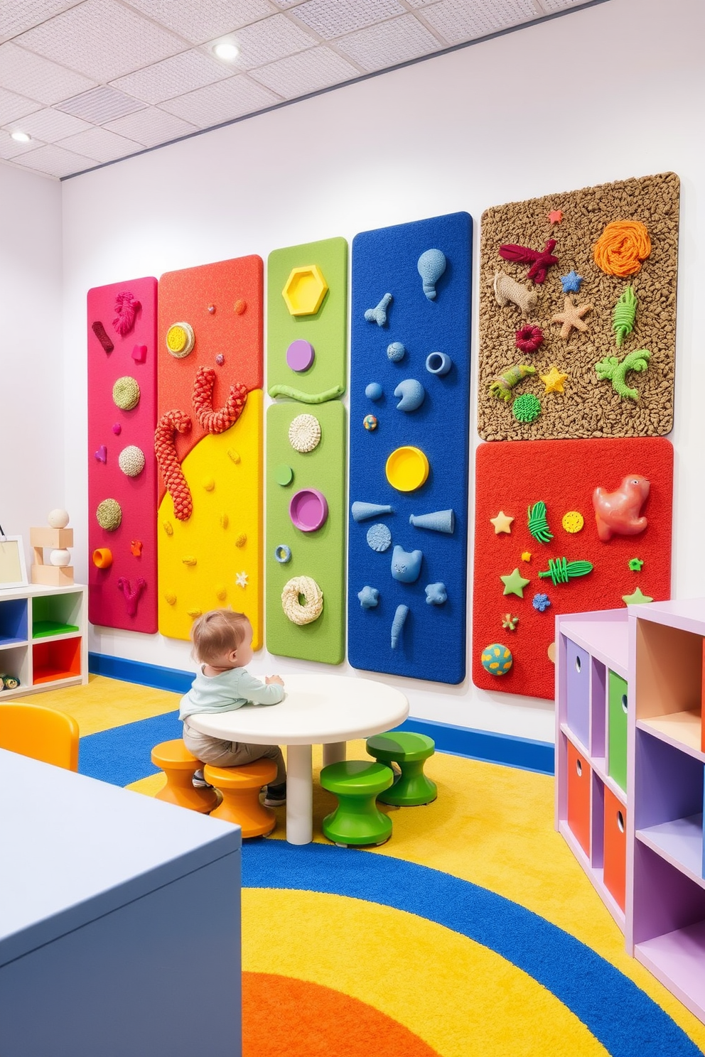 Interactive wall panels designed for sensory play create an engaging and stimulating environment for toddlers. The panels feature various textures, colors, and shapes that encourage exploration and hands-on learning. The playroom is filled with soft, colorful flooring to ensure safety during playtime. Brightly colored furniture and playful storage solutions enhance the cheerful atmosphere, making it a perfect space for creativity and development.