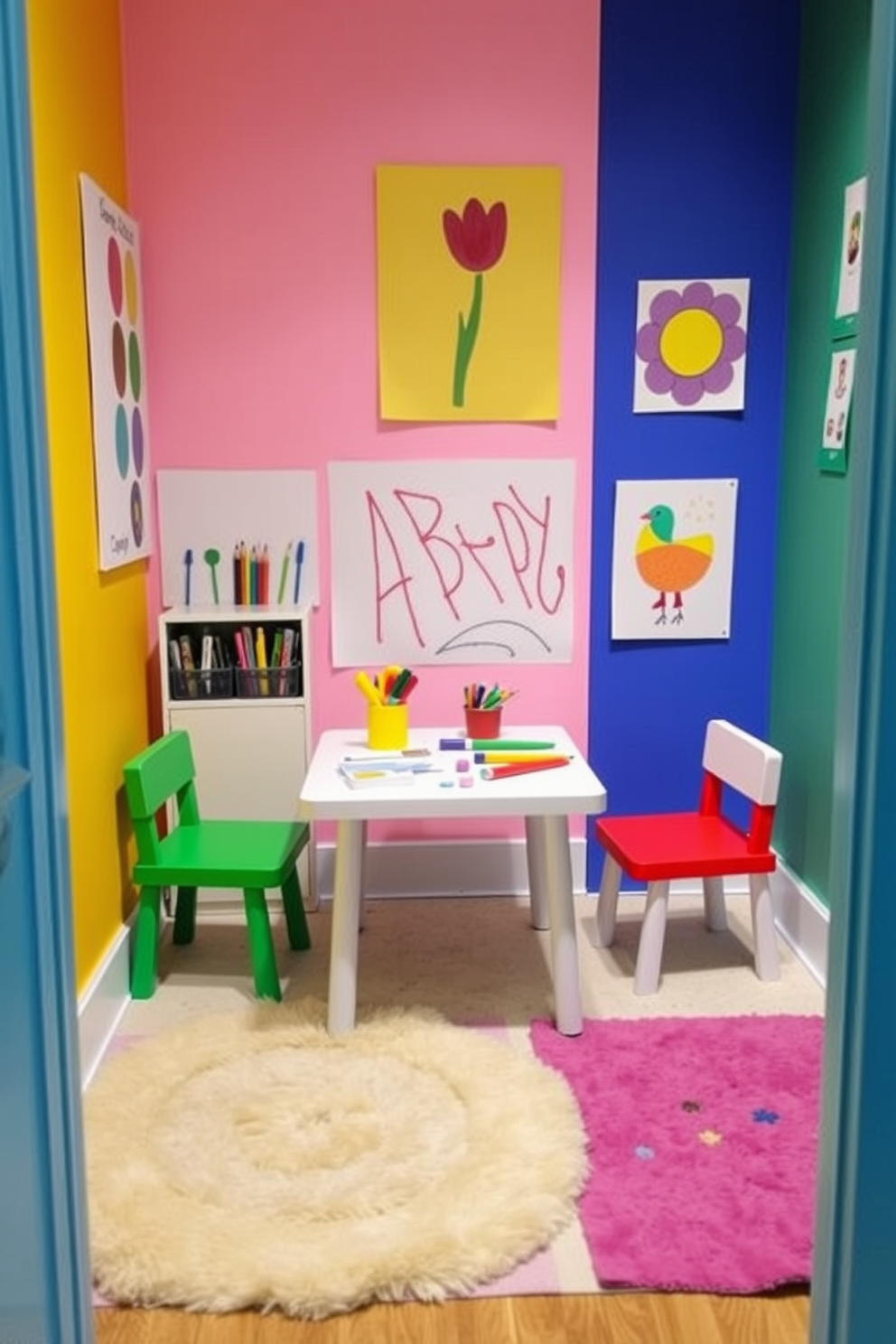 A cozy mini art station for little artists. The space features a small table with colorful art supplies, surrounded by child-sized chairs in playful hues. Brightly colored walls adorned with cheerful artwork inspire creativity. Soft rugs provide a comfortable area for toddlers to sit and create their masterpieces.