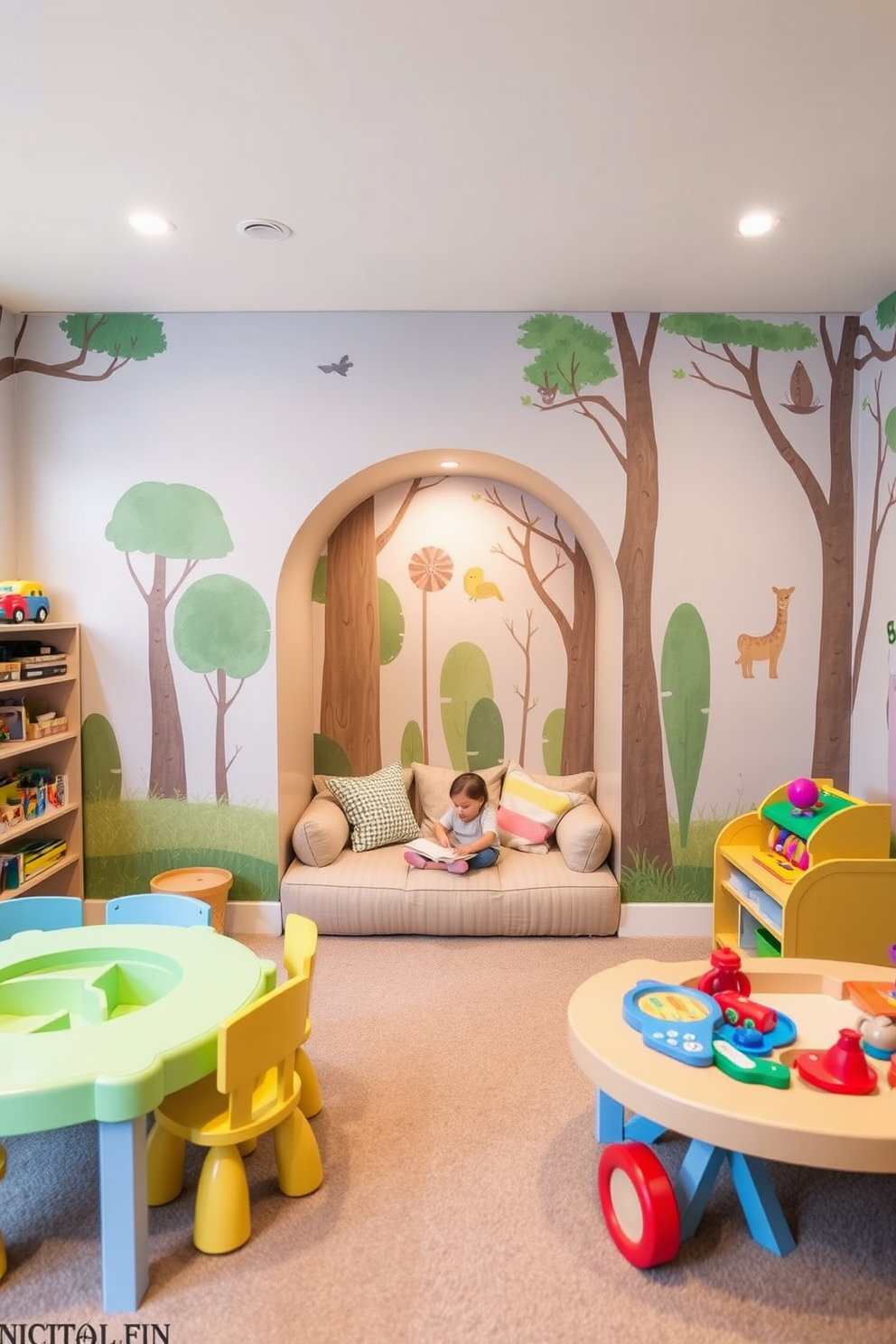 Create a vibrant toddler playroom designed as a themed play zone. The walls are painted in soft pastel colors, featuring whimsical murals of forests and animals to inspire imaginative play. In the center, a cozy reading nook with oversized cushions invites children to explore books and stories. Surrounding the nook, interactive play stations with toys and games encourage creativity and social interaction.