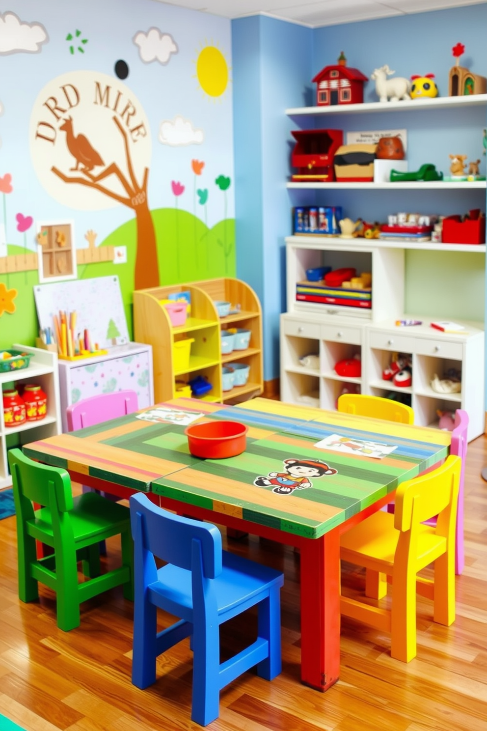 A vibrant toddler playroom filled with creativity and fun. The room features two low tables made of colorful wood, perfect for arts and crafts activities. Brightly colored chairs surround the tables, inviting children to sit and create. The walls are adorned with playful murals and shelves filled with art supplies and toys.