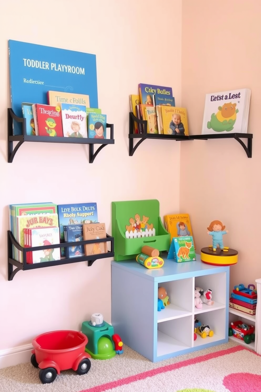 A playful toddler playroom features wall-mounted shelves filled with colorful books and toys. The walls are painted in soft pastel shades, creating a cheerful and inviting atmosphere.