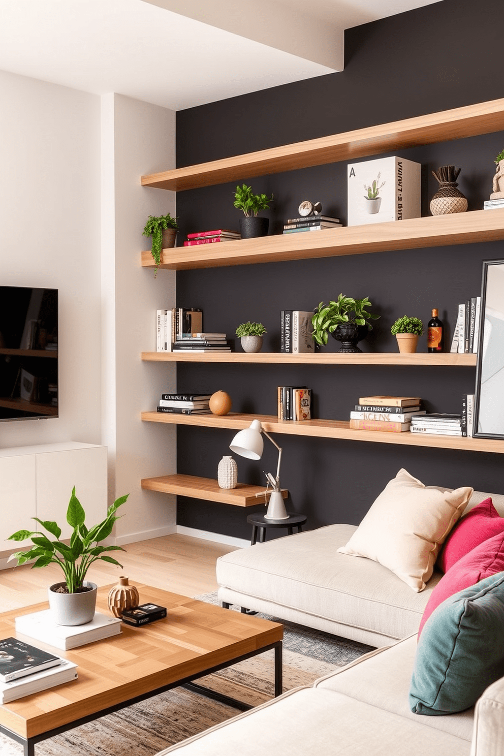 Maximize vertical space with shelving in a modern townhouse apartment. Incorporate sleek, floating shelves in a light wood finish along the walls to display books, plants, and decorative items. Use a neutral color palette to create an airy feel, complemented by vibrant accent pieces. The living area features a cozy seating arrangement with a plush sofa and a stylish coffee table, enhancing the overall aesthetic.