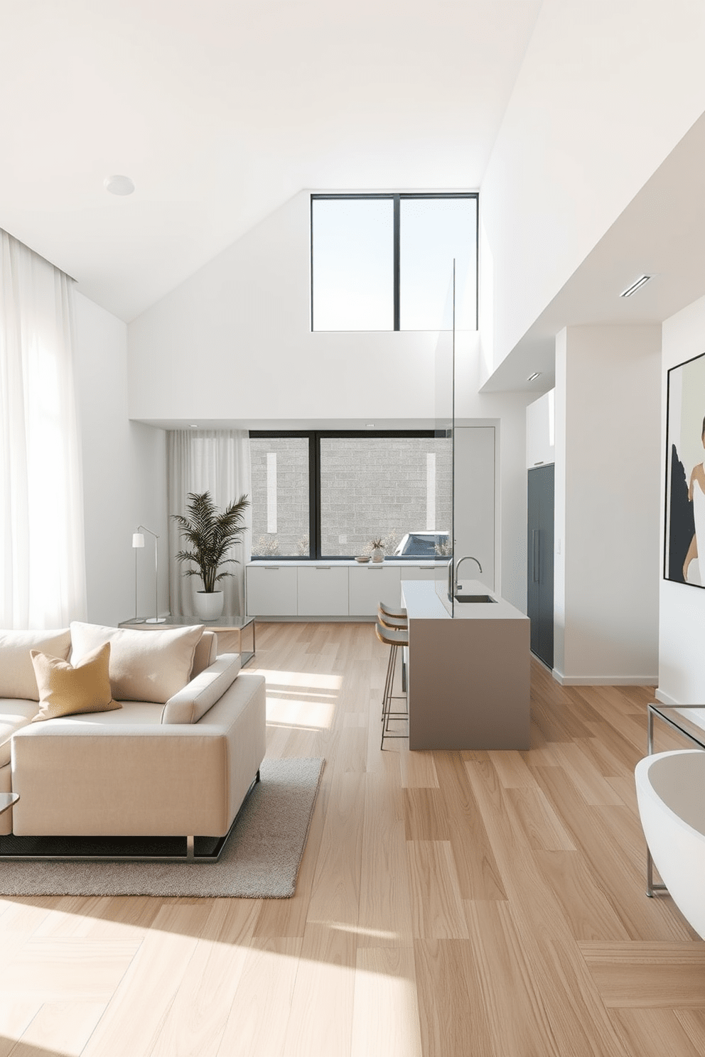 A minimalist townhouse apartment design featuring an open-concept living space. The walls are painted in a soft white, and the flooring is light oak, creating a bright and airy atmosphere. The living area includes a sleek sectional sofa in a neutral tone, paired with a low-profile coffee table made of glass and metal. Large windows allow natural light to flood the space, complemented by sheer white curtains that gently diffuse the sunlight. In the kitchen, a simple island with bar stools provides a casual dining area. The cabinetry is streamlined and handleless, finished in a matte finish for a seamless look. The bedroom features a platform bed with crisp white linens and a single accent pillow. A minimalist nightstand holds a small lamp, while a large piece of abstract art adds a pop of color to the wall. The bathroom embraces simplicity with a floating vanity and a frameless glass shower. Neutral tiles run from floor to ceiling, creating a cohesive and calming design.