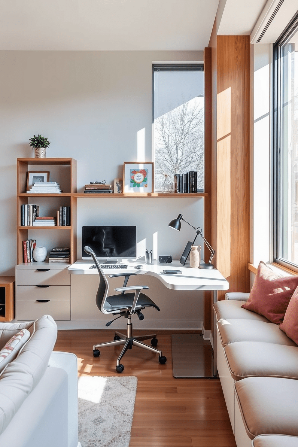 A modern townhouse apartment featuring a sleek wall-mounted desk that seamlessly integrates into the living space. The desk is paired with a stylish ergonomic chair and surrounded by shelves displaying curated decor and books. Natural light floods the room through large windows, highlighting the warm wood tones of the furniture. Soft neutral colors on the walls create a calming atmosphere, while a vibrant piece of artwork adds a pop of color.