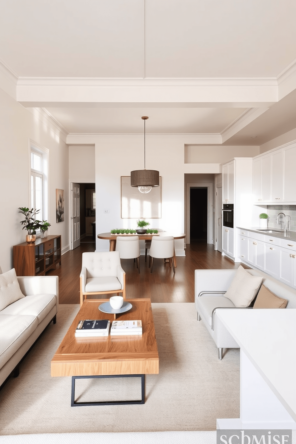 A stylish townhouse apartment with an open-concept living area. The space features a cozy seating arrangement with a light gray sofa and a pair of accent chairs in soft beige. The walls are painted in a warm white, enhancing the natural light that floods the room. A wooden coffee table sits in the center, adorned with a few carefully selected books and a minimalist decorative bowl. In the dining area, a sleek wooden table is surrounded by upholstered chairs in a neutral fabric. A statement pendant light hangs above, adding a touch of elegance to the space. The kitchen boasts white cabinetry with brass hardware, complemented by a subtle gray backsplash. A small herb garden sits on the windowsill, bringing a fresh touch to the modern design.