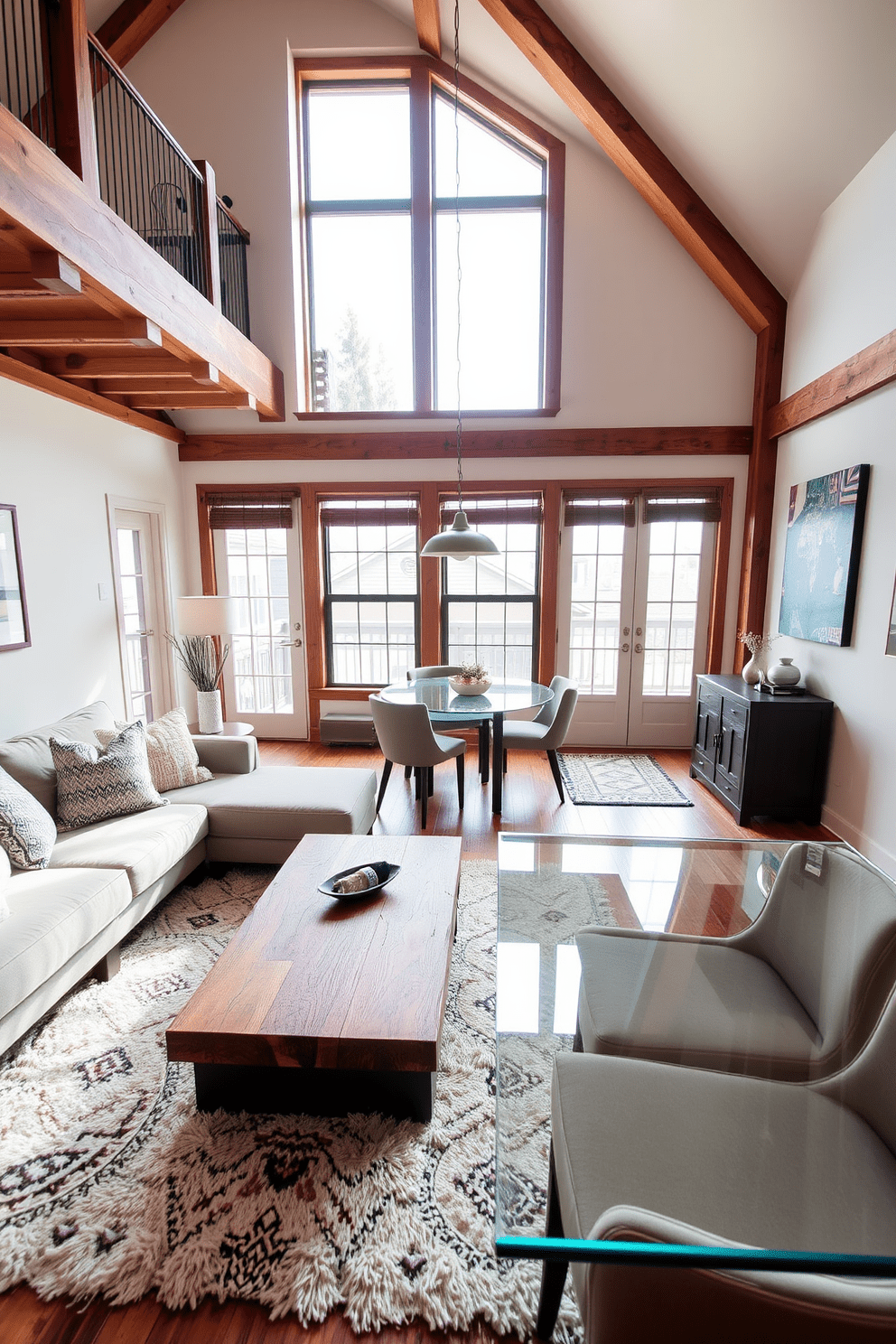 A cozy townhouse apartment featuring a blend of modern and rustic elements. The living area showcases a plush sectional sofa adorned with various textured throw pillows, while a reclaimed wood coffee table sits at the center, surrounded by a soft area rug. In the dining space, a sleek glass table is paired with upholstered chairs, creating an inviting atmosphere. Large windows allow natural light to flood the room, highlighting the warm tones of the wooden accents throughout the space.