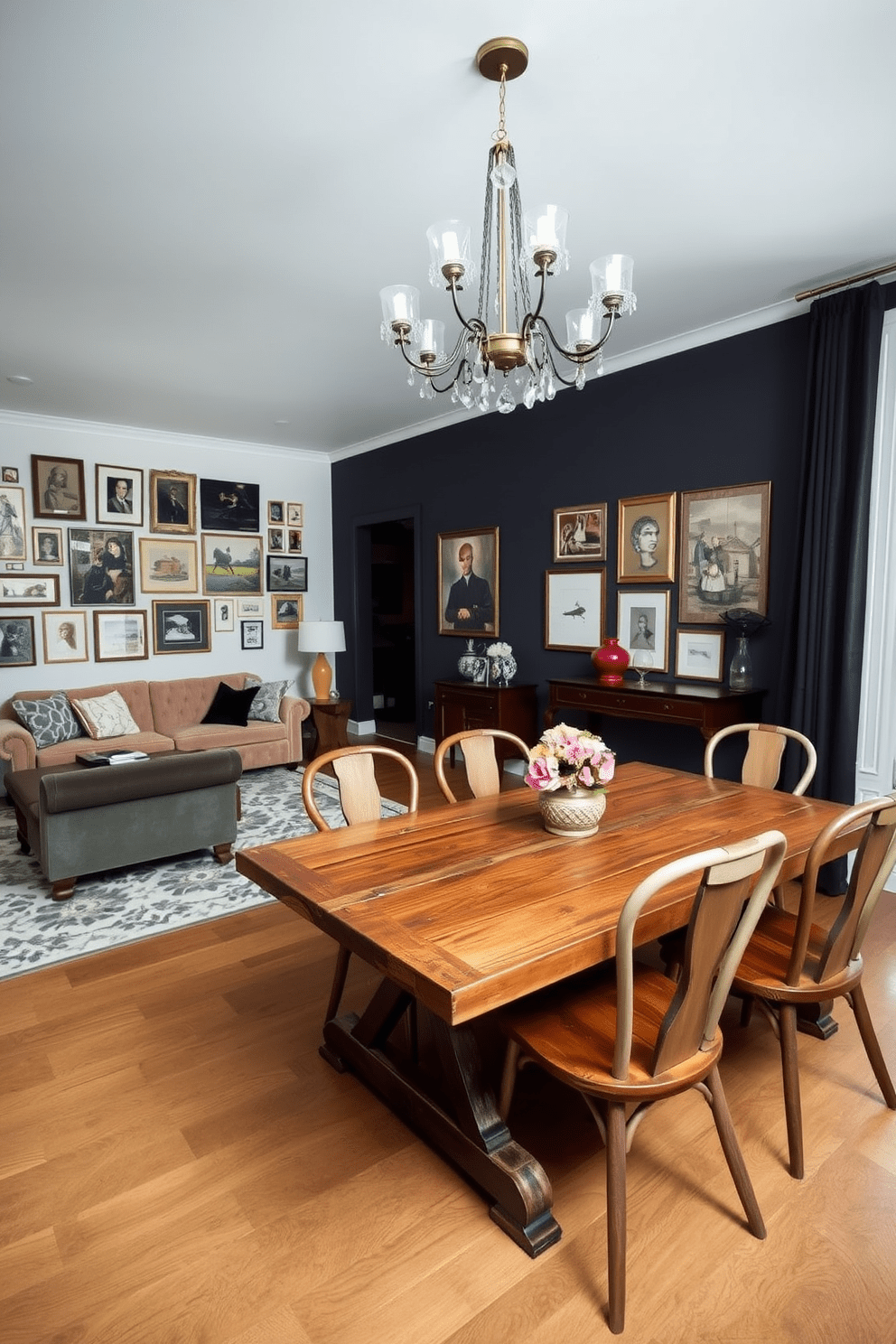 A stylish townhouse apartment featuring a blend of modern and vintage elements. The living room showcases a plush velvet sofa paired with an antique coffee table, while a gallery wall displays an eclectic mix of framed artwork. In the dining area, a reclaimed wood table is surrounded by mismatched vintage chairs, creating a cozy yet sophisticated atmosphere. A statement chandelier hangs above, adding a touch of elegance to the space.