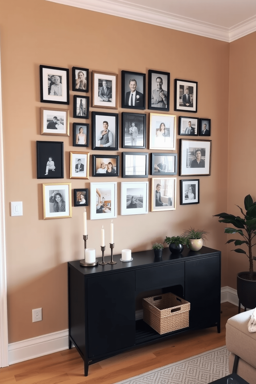 Create a gallery wall featuring personal photos in a cozy townhouse apartment. The wall is adorned with a mix of framed images in various sizes, arranged in a visually pleasing layout that showcases cherished memories. Incorporate a sleek console table beneath the gallery wall, topped with decorative items like candles and small plants. The surrounding walls are painted in a warm neutral tone, enhancing the inviting atmosphere of the space.